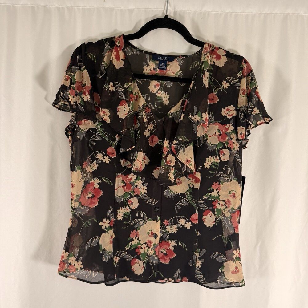 New Chaps Blouse Women's Medium Black Floral Semi Sheer Vneck Sleeveless